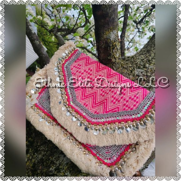 New pink Handmade Banjara fringe Jute Bag - Silver And Gold Leather Slin… - Picture 3 of 9